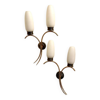 Pair of brass and opaline wall lights, 1960