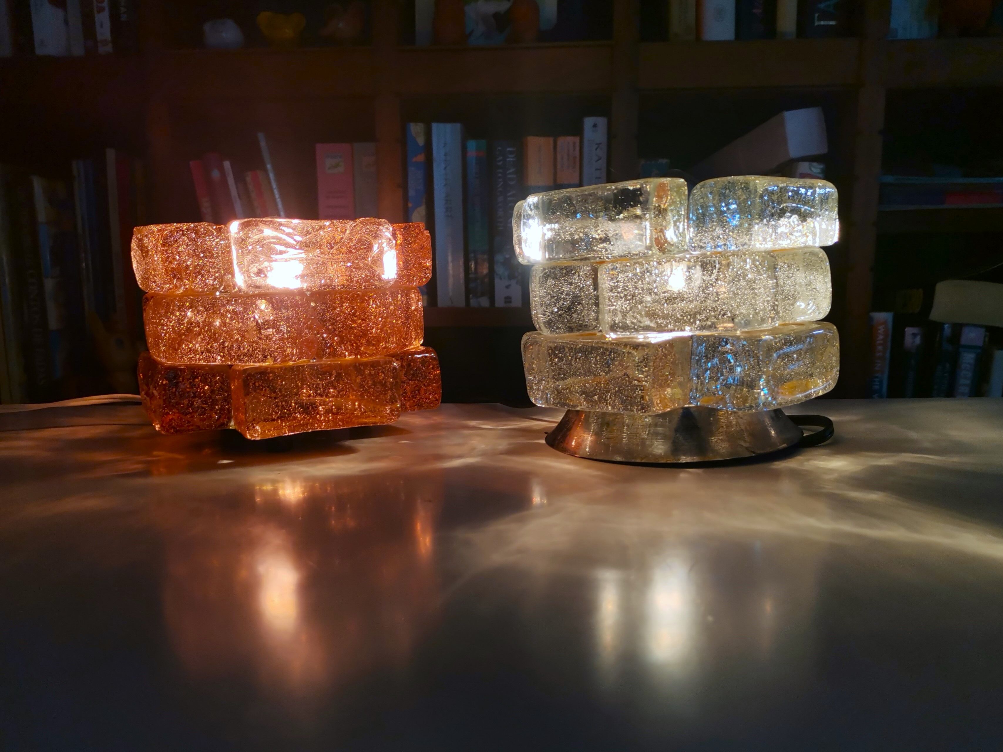 Brutalist solid bubble glass clear and red table lamps 1960s, set of 2