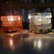 Brutalist solid bubble glass clear and red table lamps 1960s, set of 2
