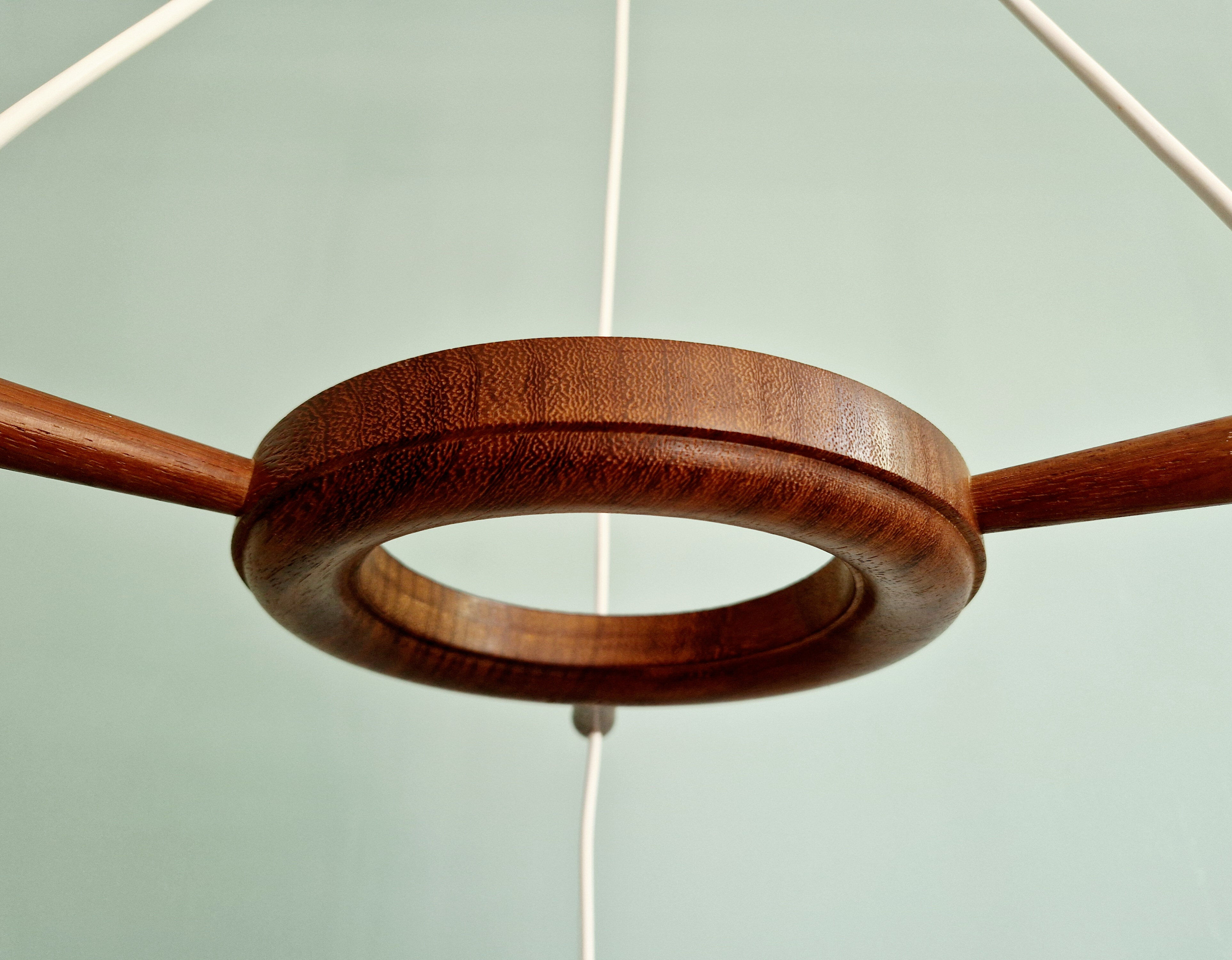 Scandinavian teak and frosted white glass chandelier, 1960.