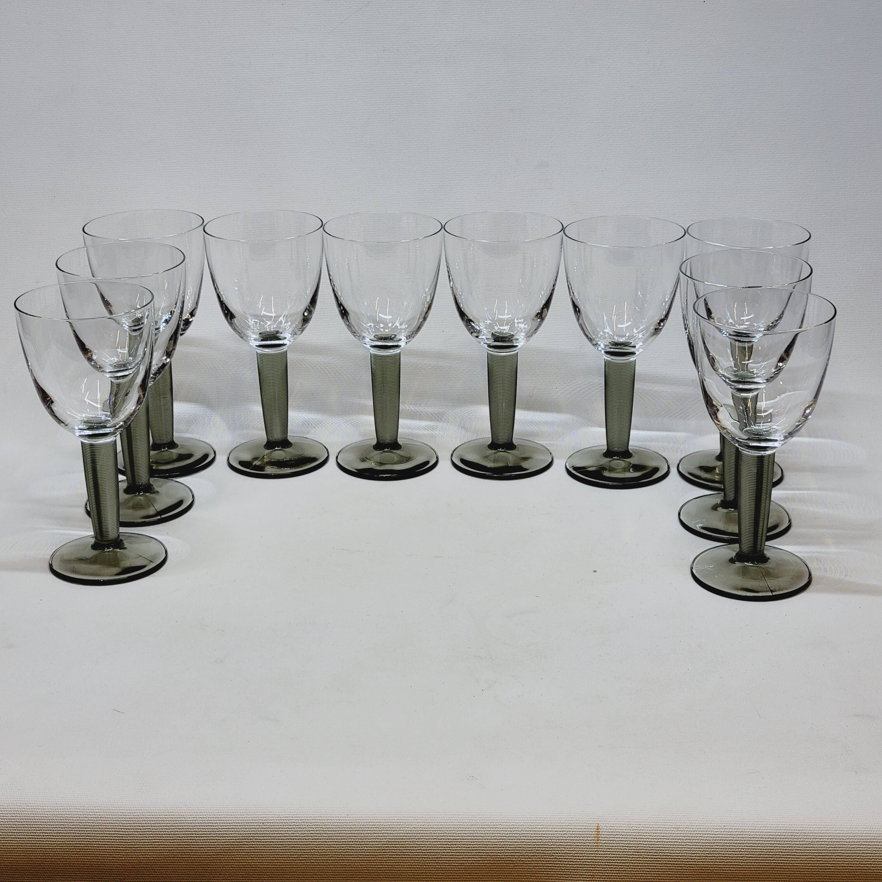 10 Bormioli Rocco Vintage Crystal Wine Glasses with Grooved Grey Stem