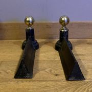 Pair of Napoleon III andirons from the 19th century in cast iron and brass