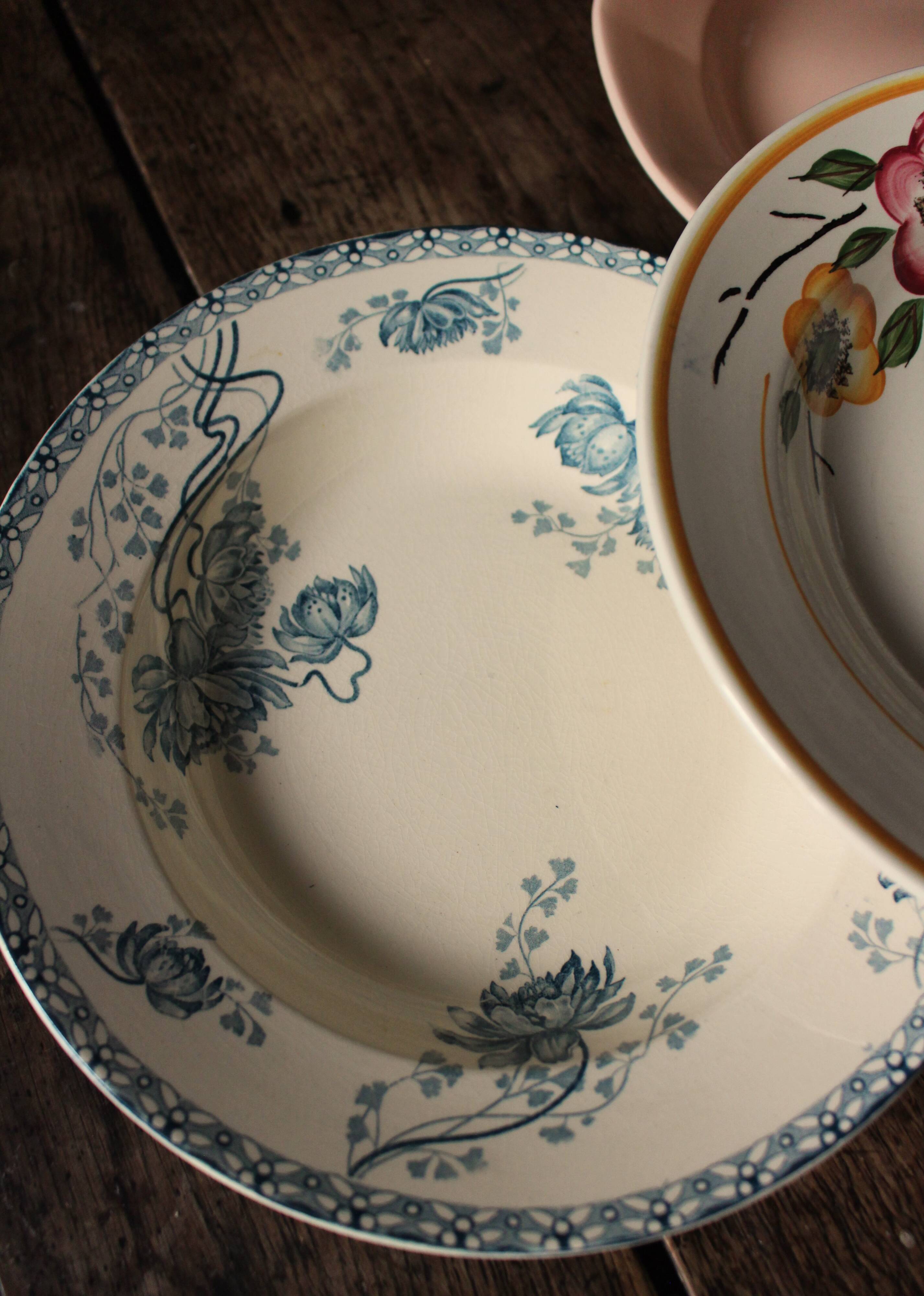 6 mismatched Terre de Fer soup plates from Digoin Sarreguemines