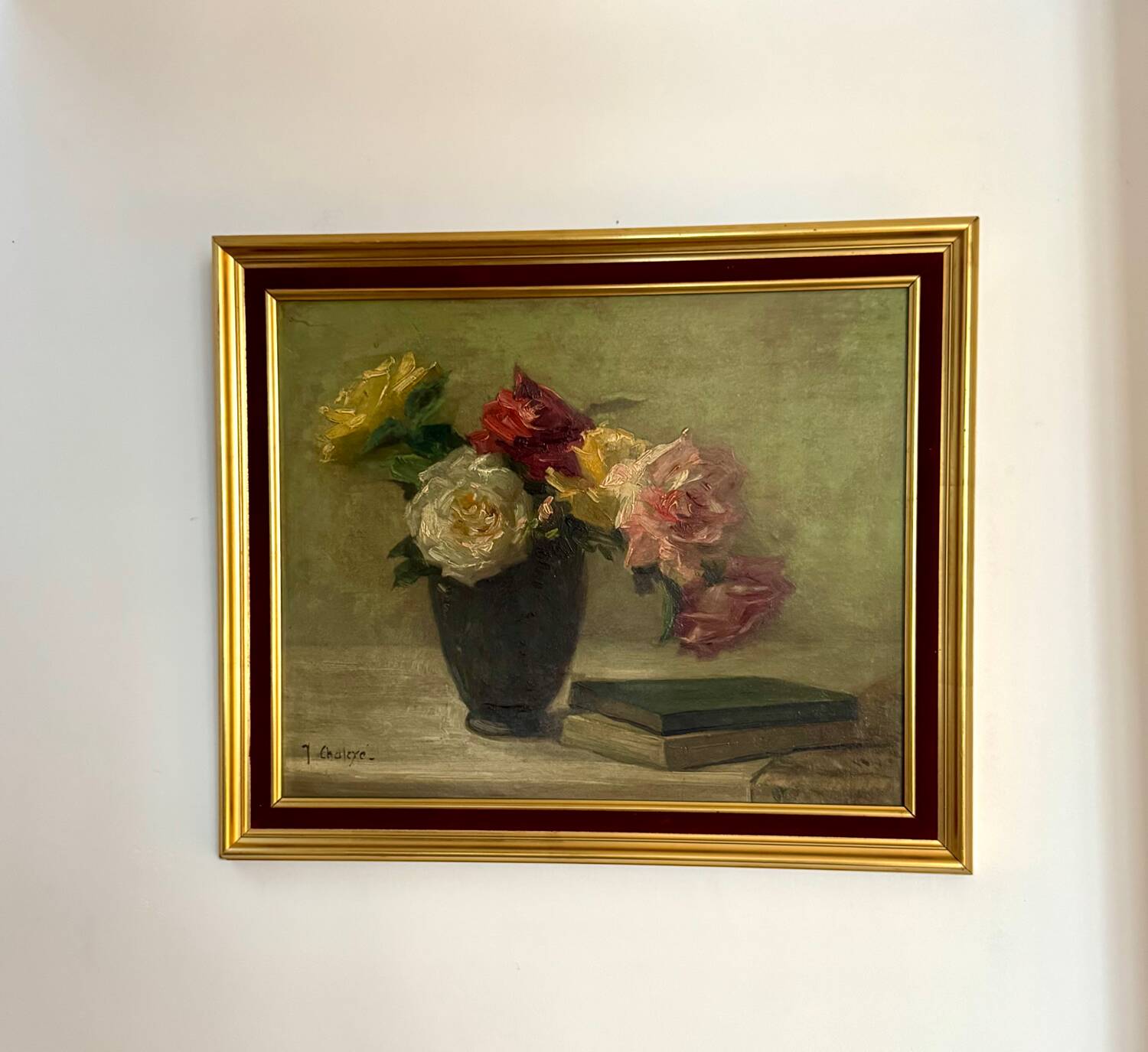 Antique painting, Still life with roses, signed Chaleyé