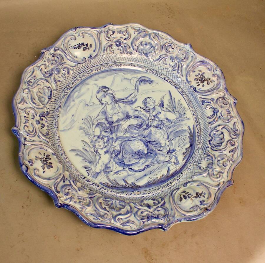 Large blue faience plate from Savona, Italy, 48 cm in diameter.