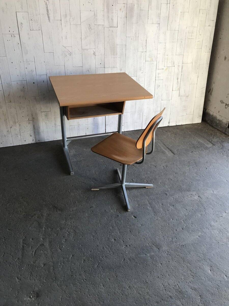 Embru set from the 1960s, school desk and brown wooden and steel chair, Switzerland, set of 2.