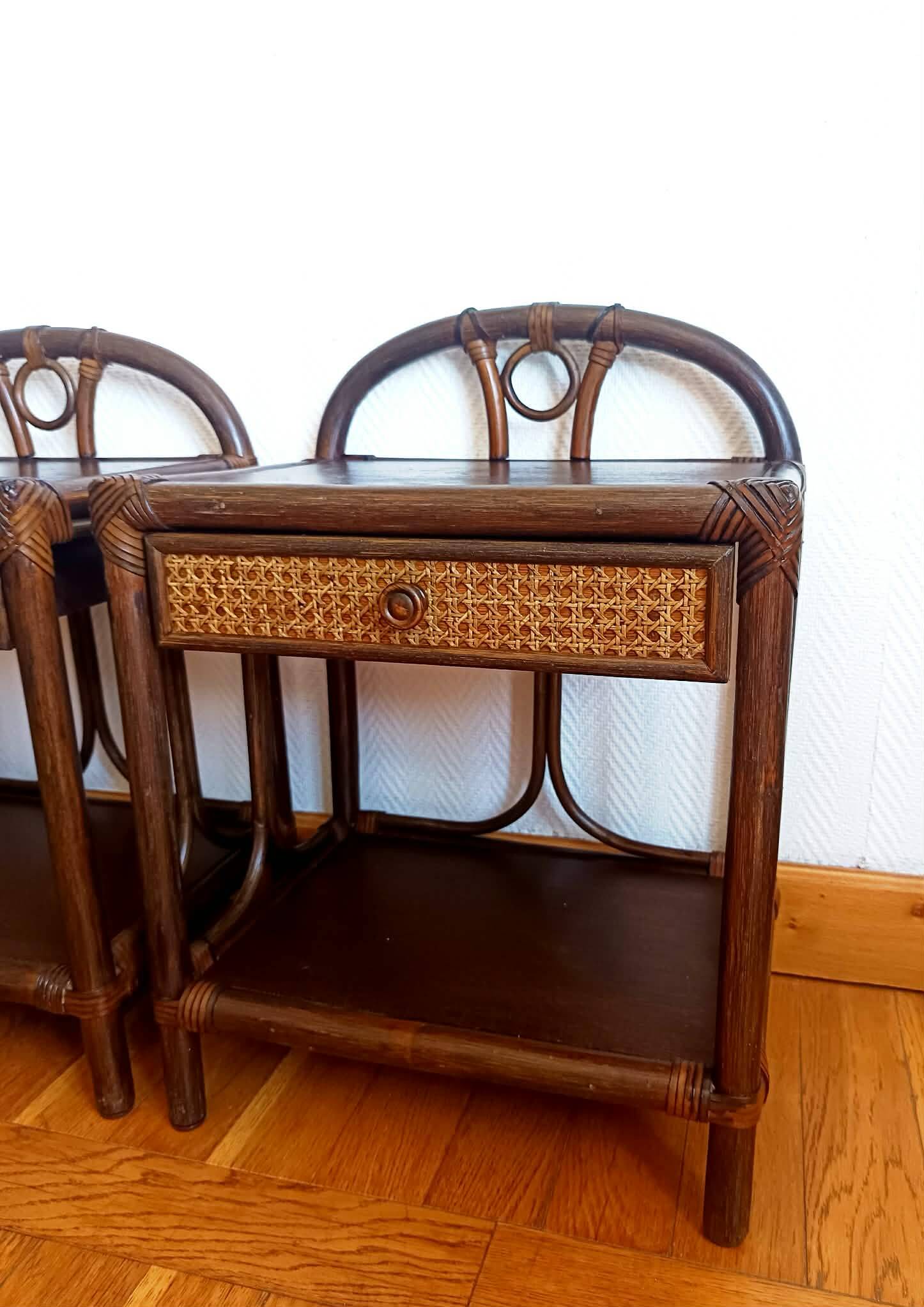Pair of vintage 1960s rattan bedside tables