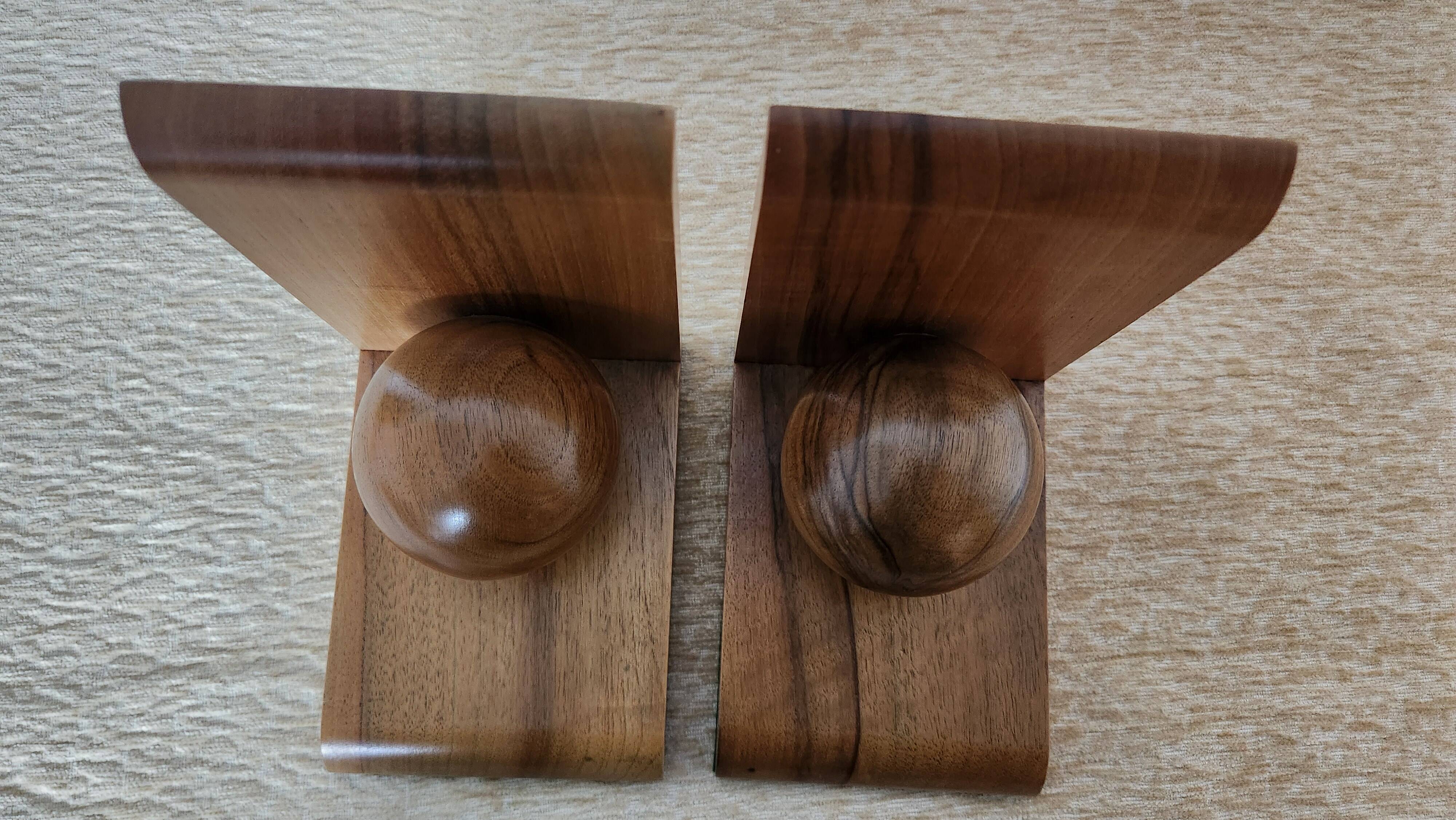 Pair of solid wood bookends with turned spheres – Minimalist design