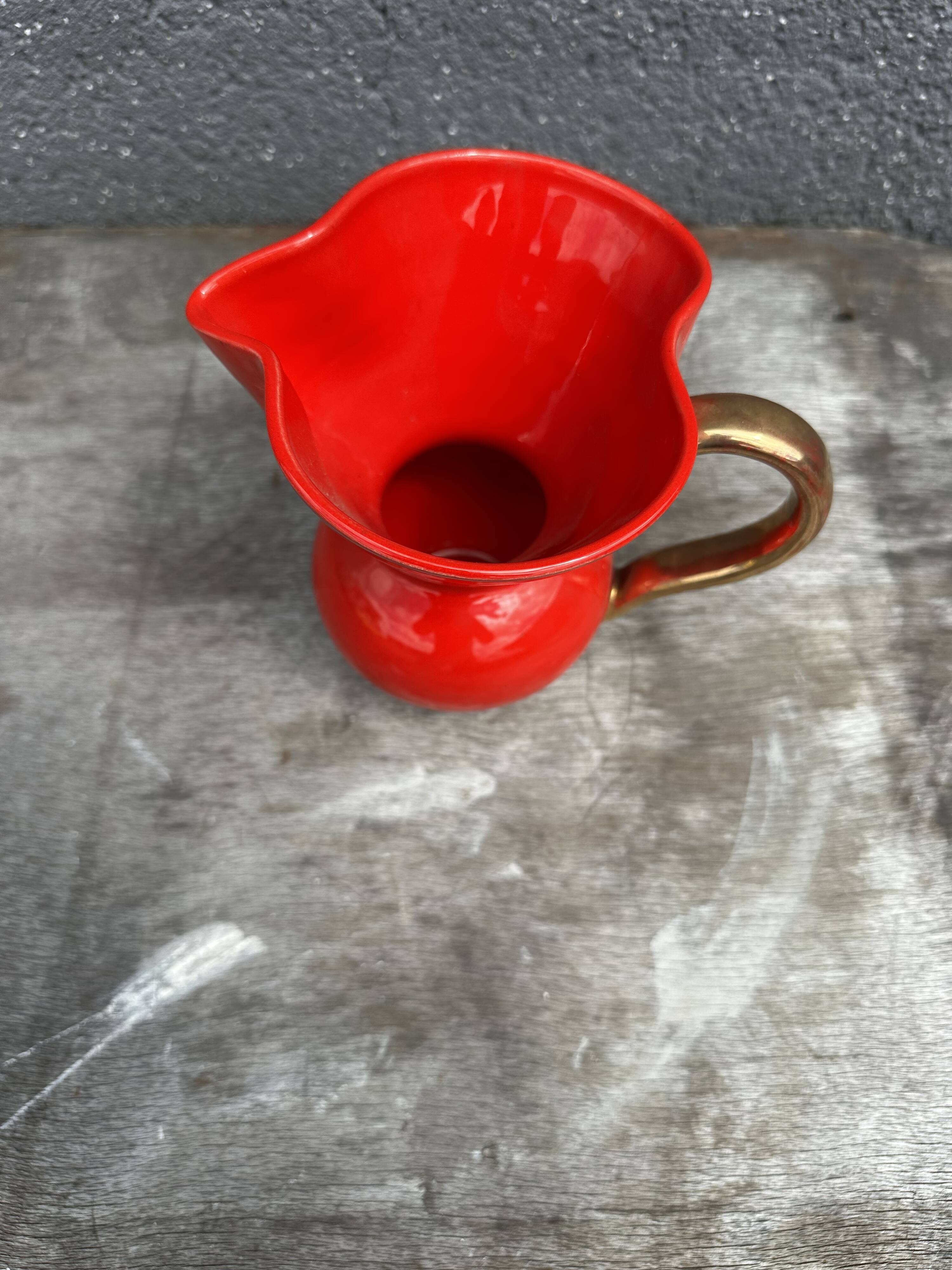 Red Pitcher Vase with Gold Accents Attributed to André Baud - Vallauris