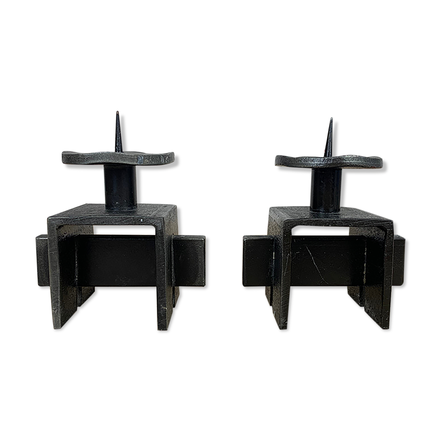 Pair of brutalist wrought iron candle holders