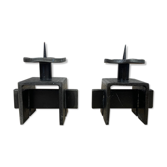 Pair of brutalist wrought iron candle holders