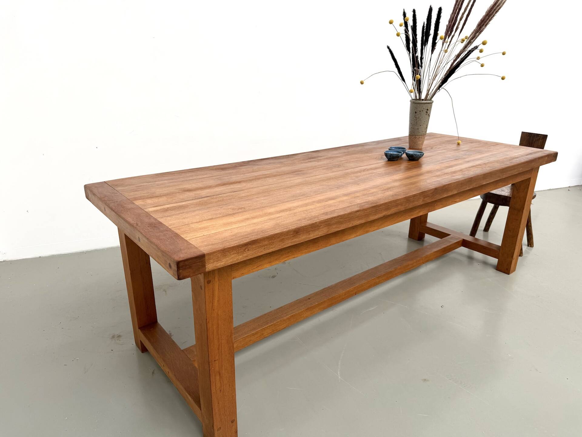 Large modernist farmhouse table in solid beech, thick dowelled top.