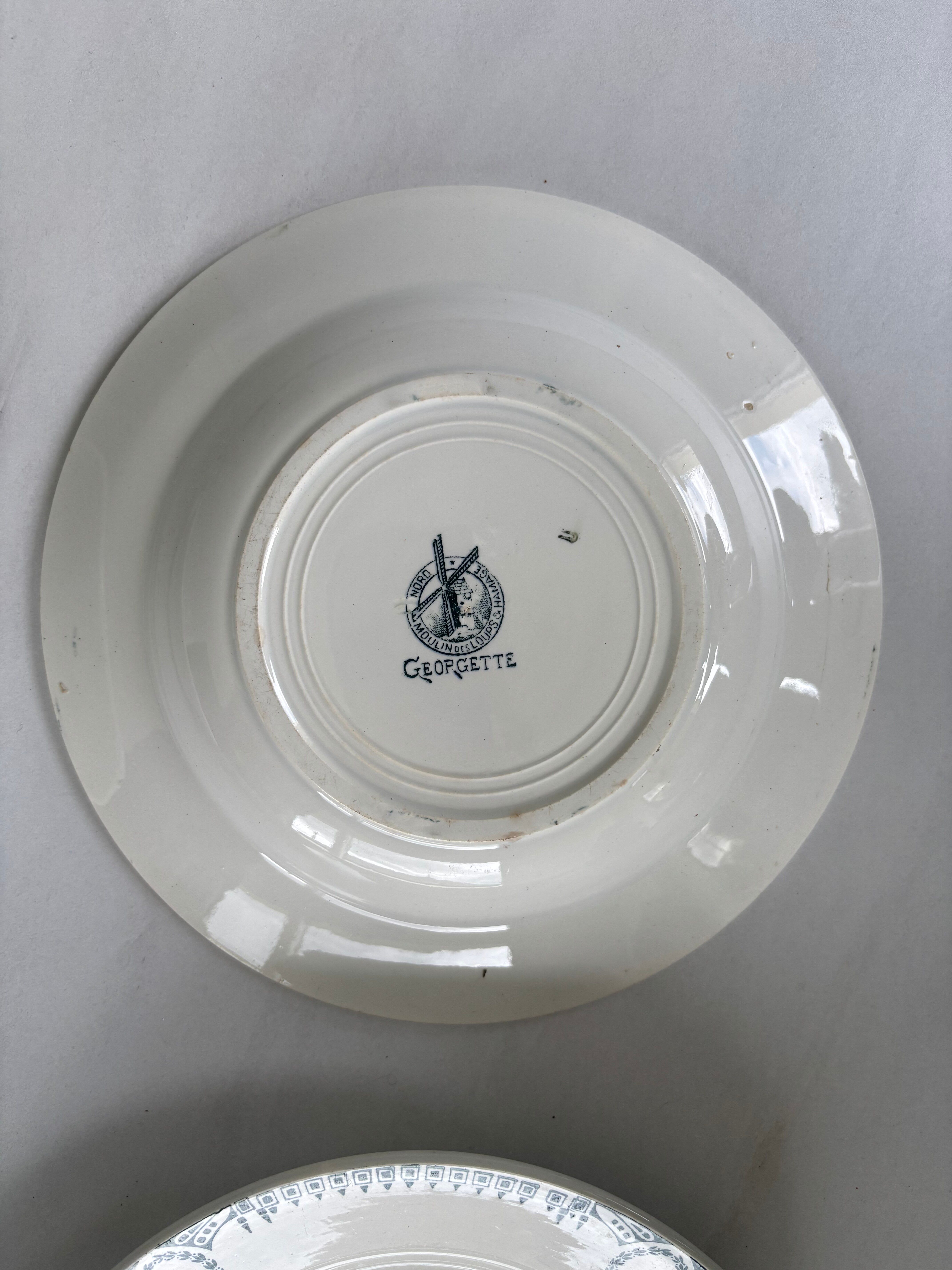 Set of 6 blue ironstone deep plates, antique French earthenware.