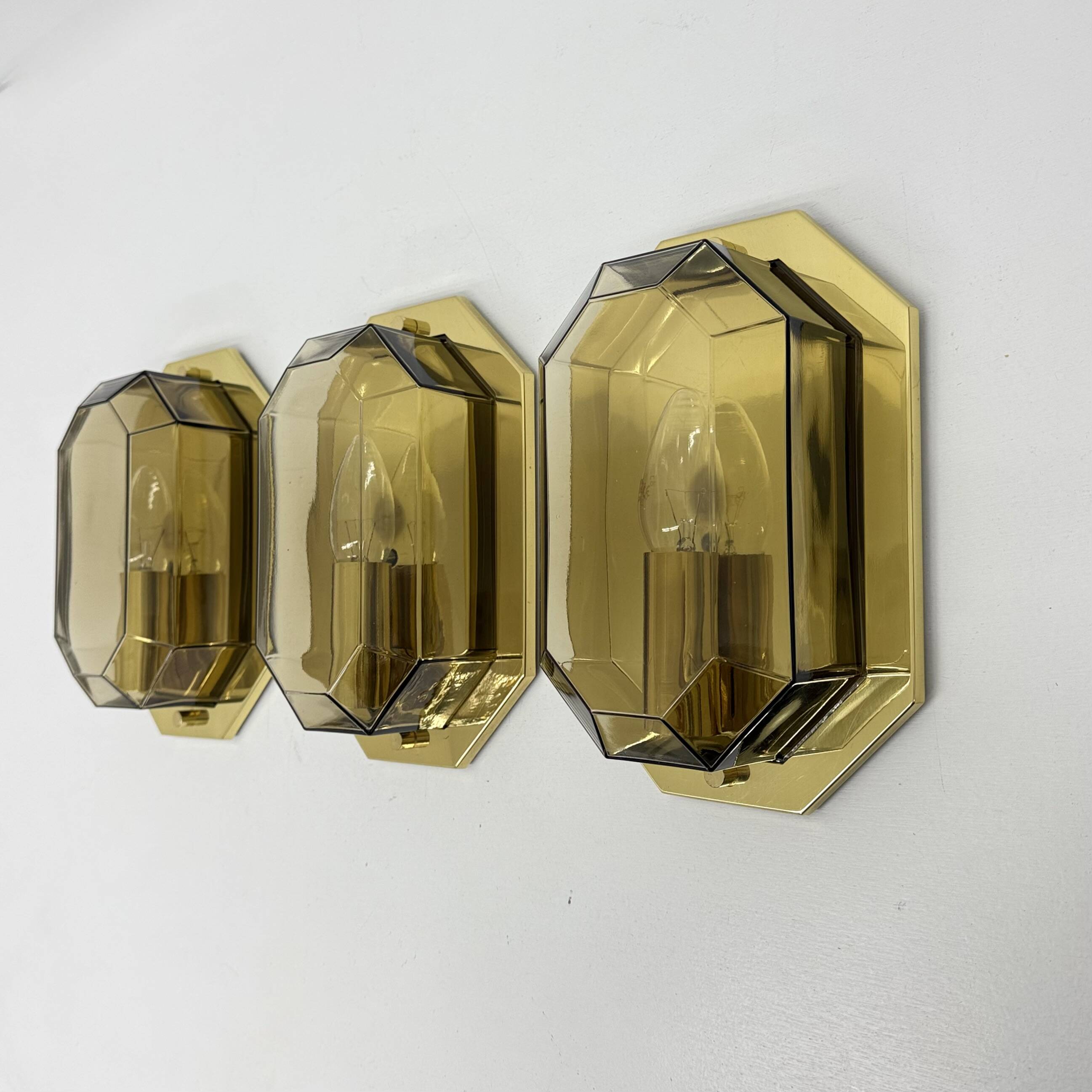 Set of 3 Limburg Glashütte smoked glass and brass wall lamps sconce , 1970s