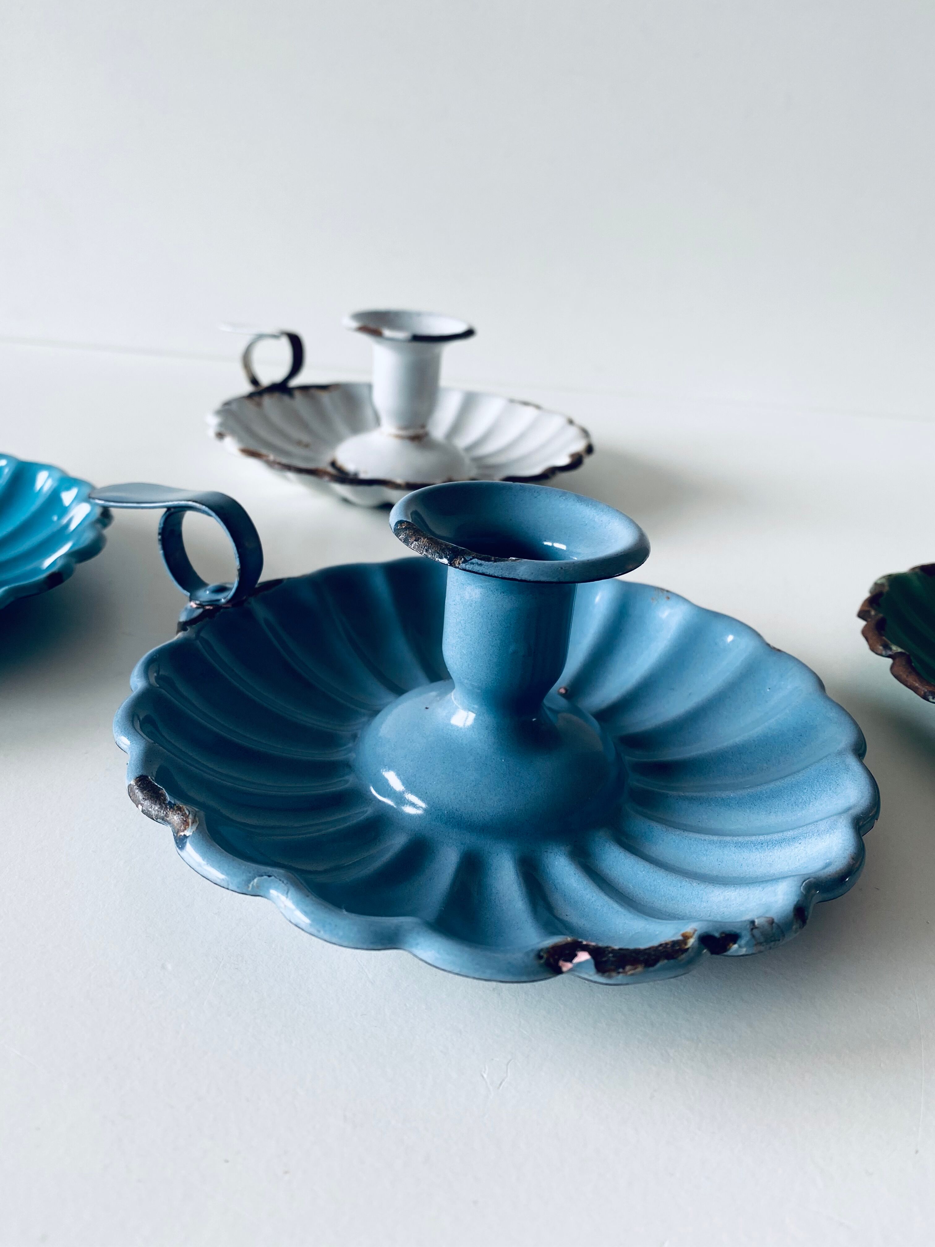 Old lavender blue enamelled candlestick