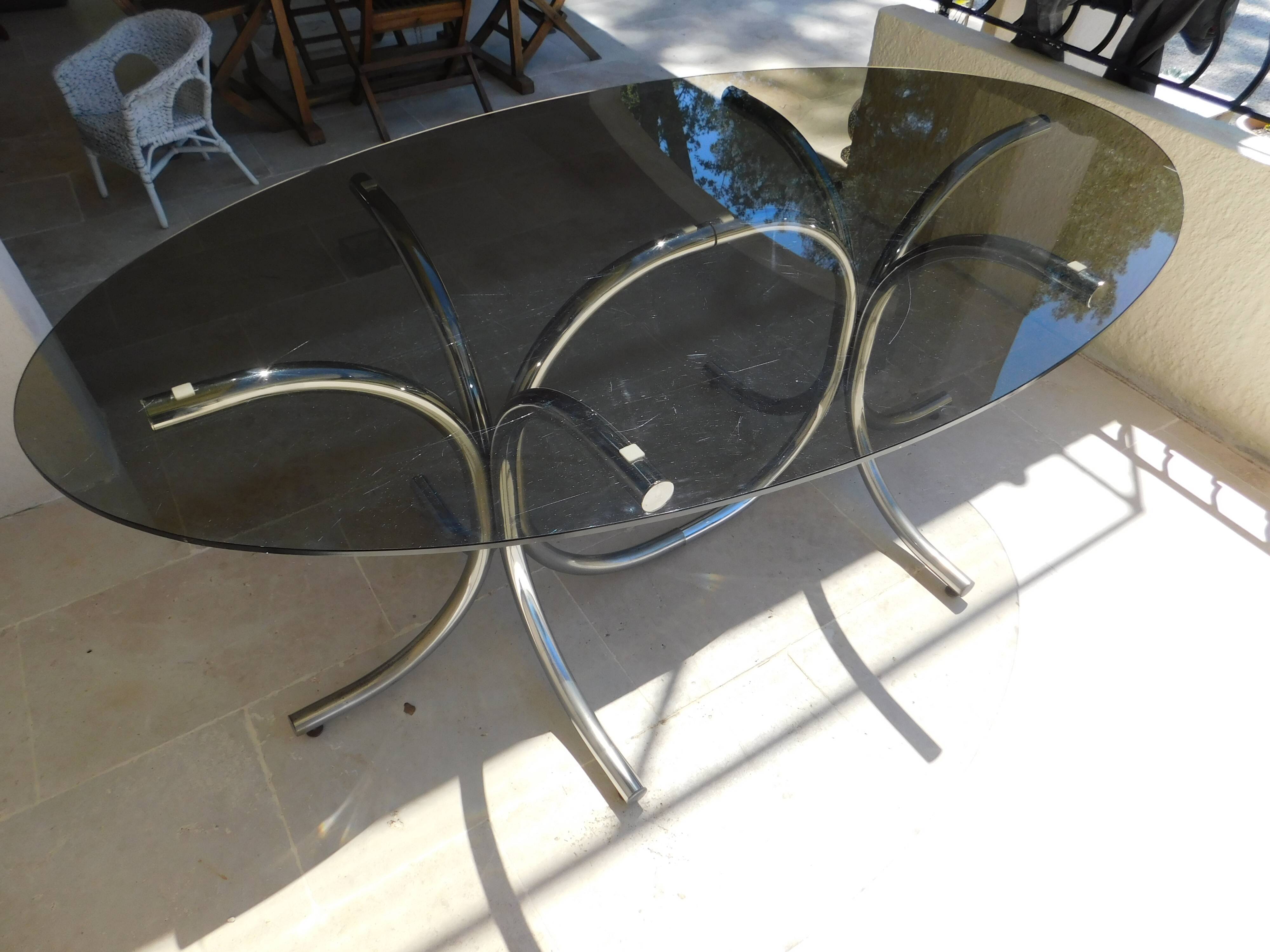 Vintage 70 ' glass table top chrome plated feet