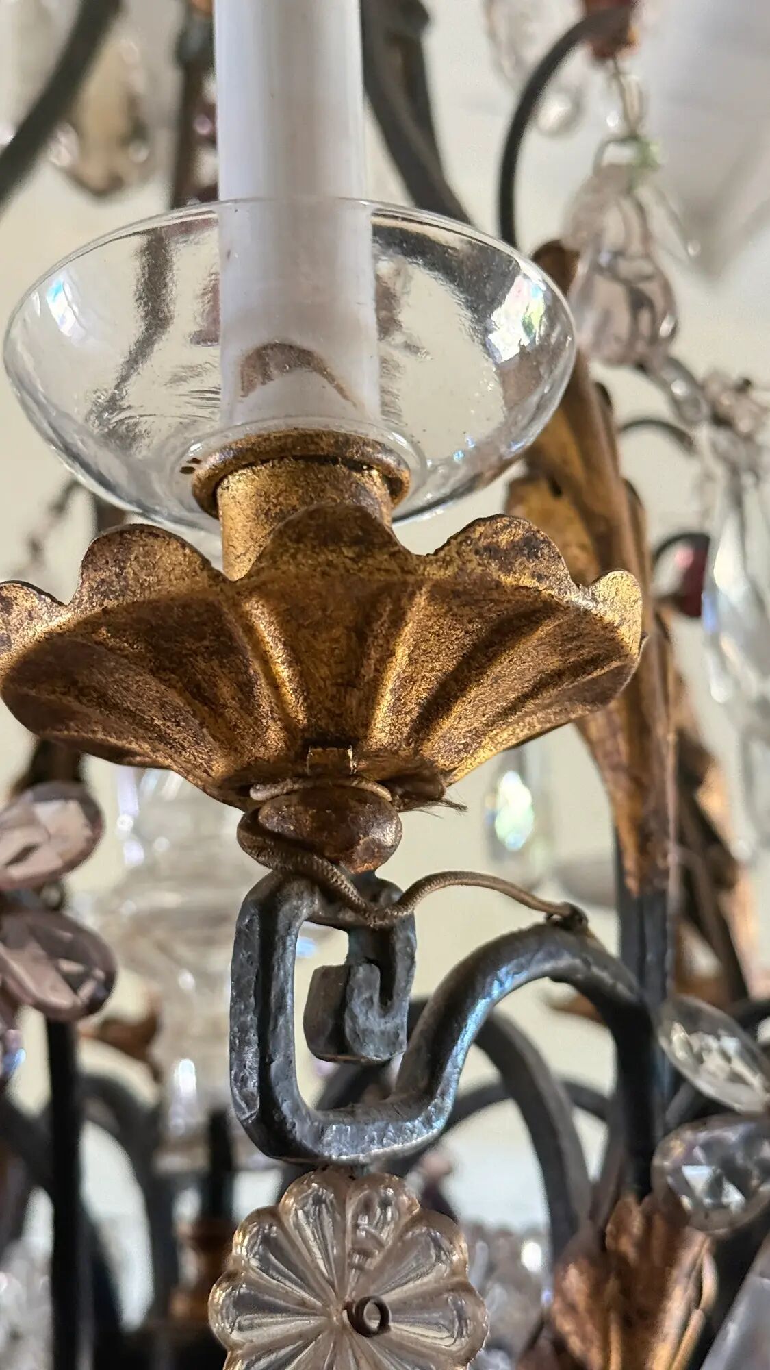 Lustrous chandelier with pendants and glass fruits, Maison Baguès, six lights.