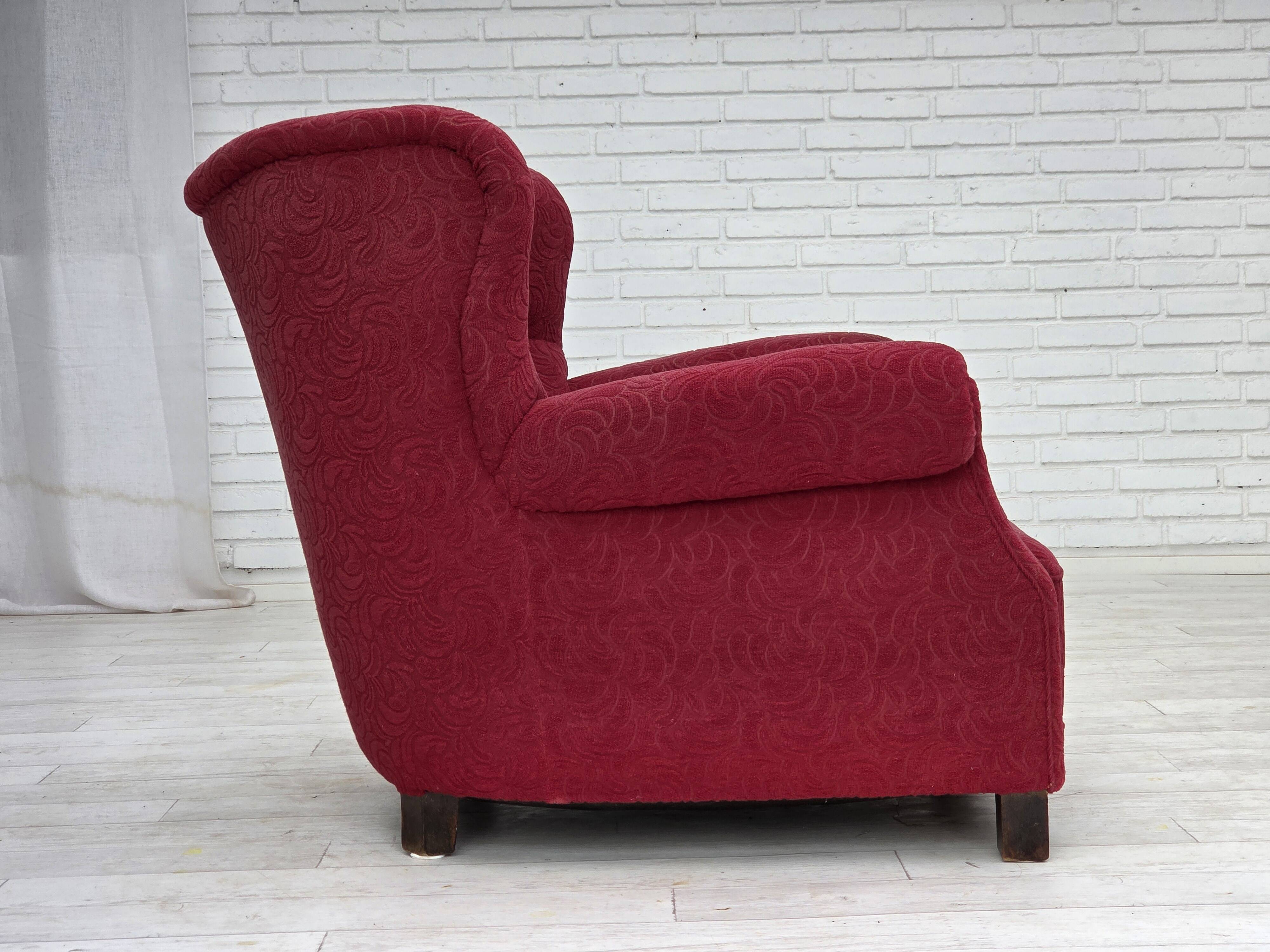 1950s, Danish relax armchair, red furniture fabric, ash wood legs.