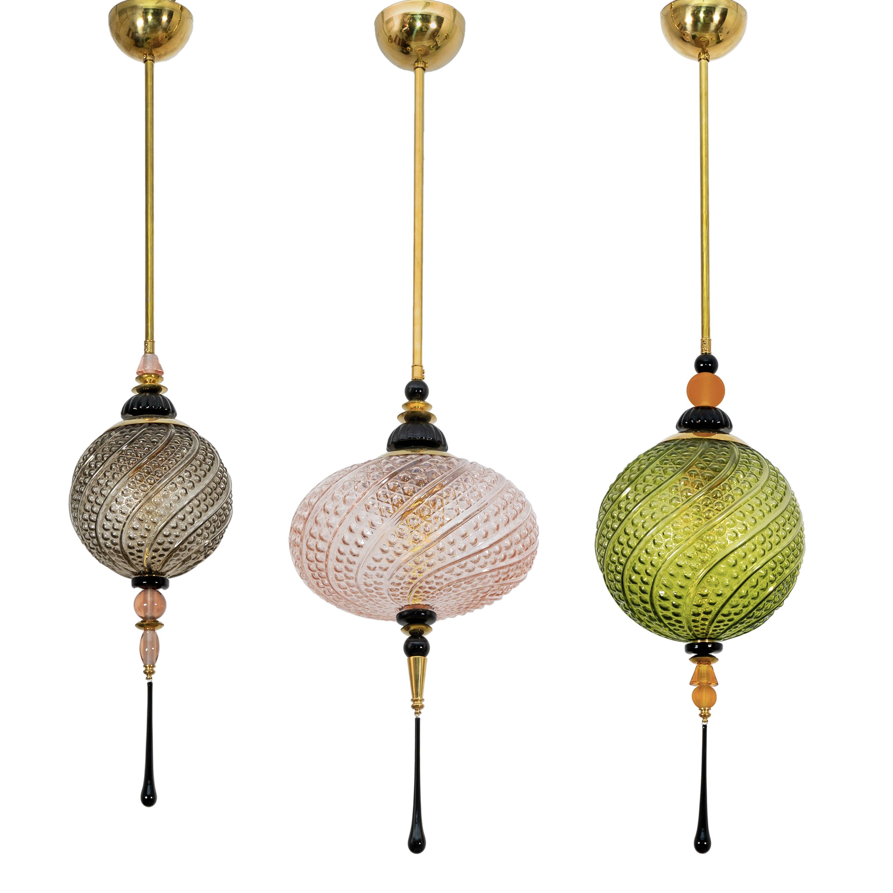 Blown Murano Glass and Brass Pendant Lamp