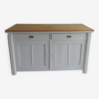 Vintage sideboard, 2 drawers, 1 shelf, 2 pearl gray patinated doors, wooden top.