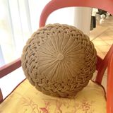 2 round caramel cushions in hand-pleated velvet