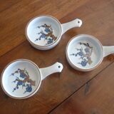 3 ceramic casserole dishes with blue and brown branch pattern
