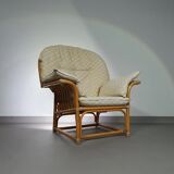 Chaise longue surdimensionnée en rotin/bambou avec coussins d'origine. Années 1970