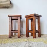 Pair of brutalist wooden stools, bedside tables.
