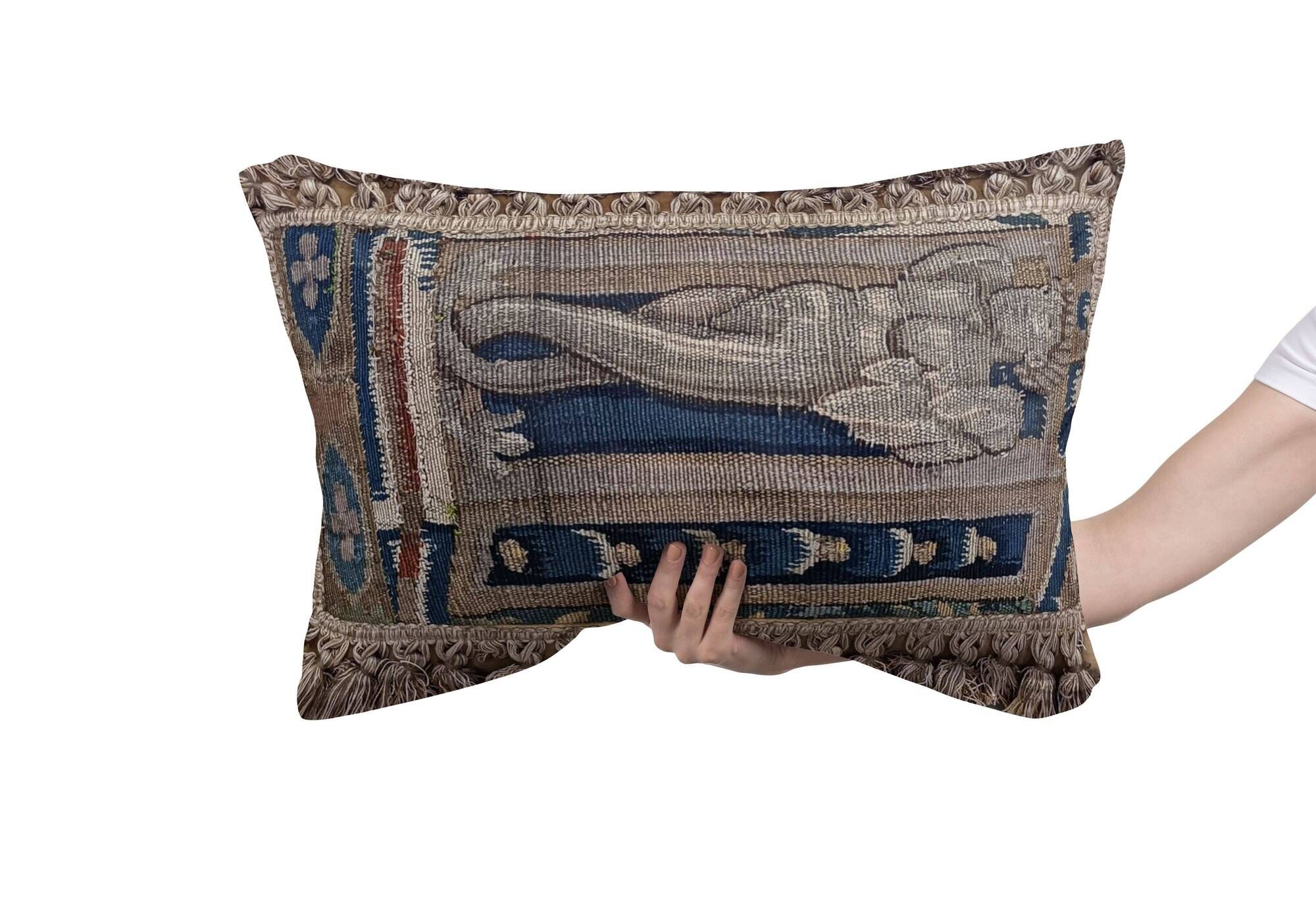 Rare 17th Century French Aubusson Tapestry Cushion with Figural Design & Tassels
