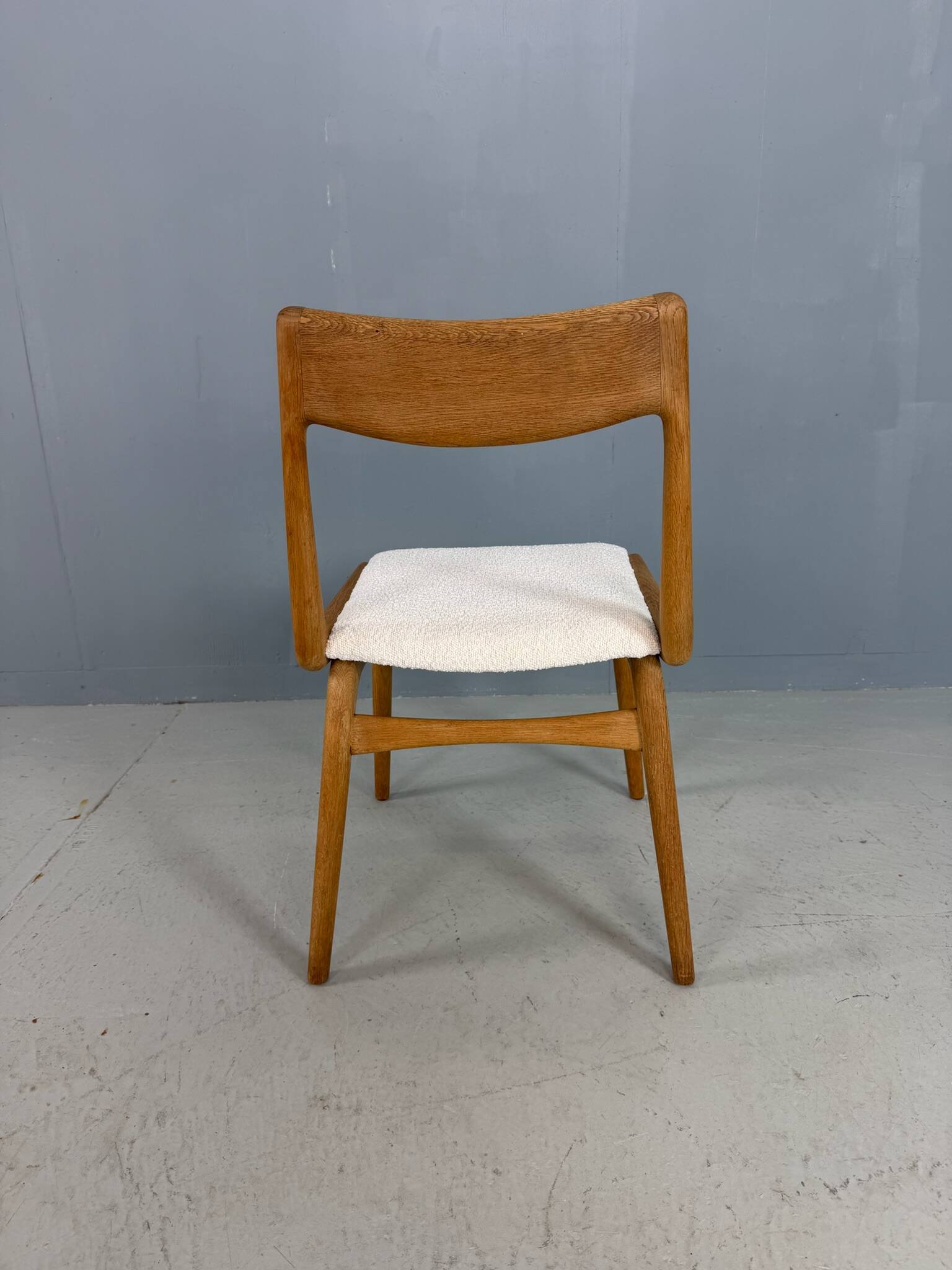 Alfred Christensen Danish oak "Boomerang" chairs set of 6 boucle fabric