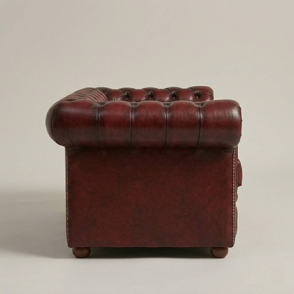 Vintage 3-seater Chesterfield sofa in burgundy leather - teak frame, 1960s.