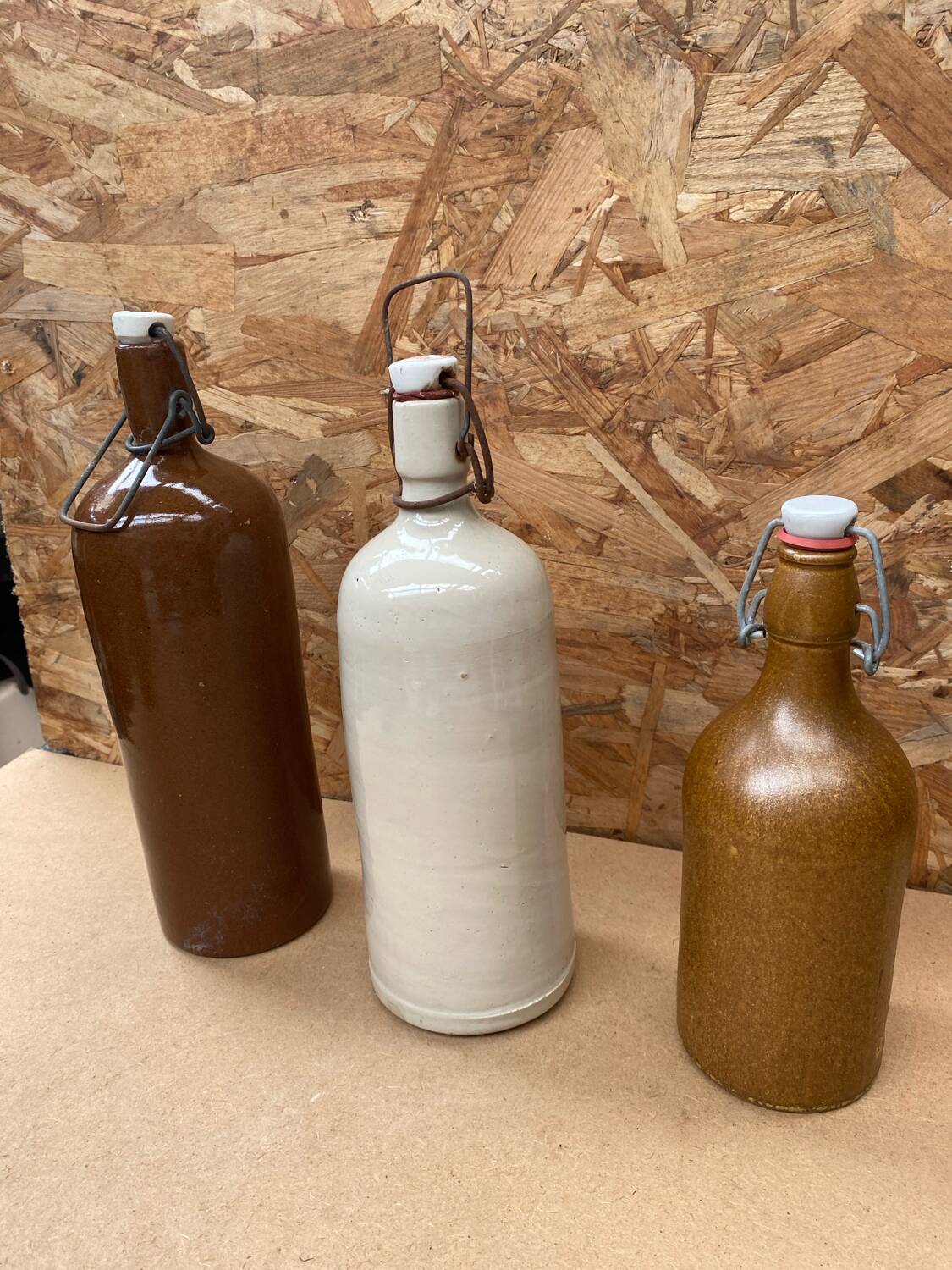 Set of 3 old brown & white stoneware bottles vintage kitchen