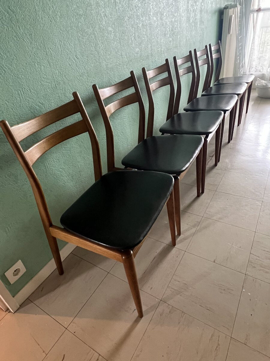 Set of six vintage scandinavian chairs. black faux leather seat, eros edition from around 1960.