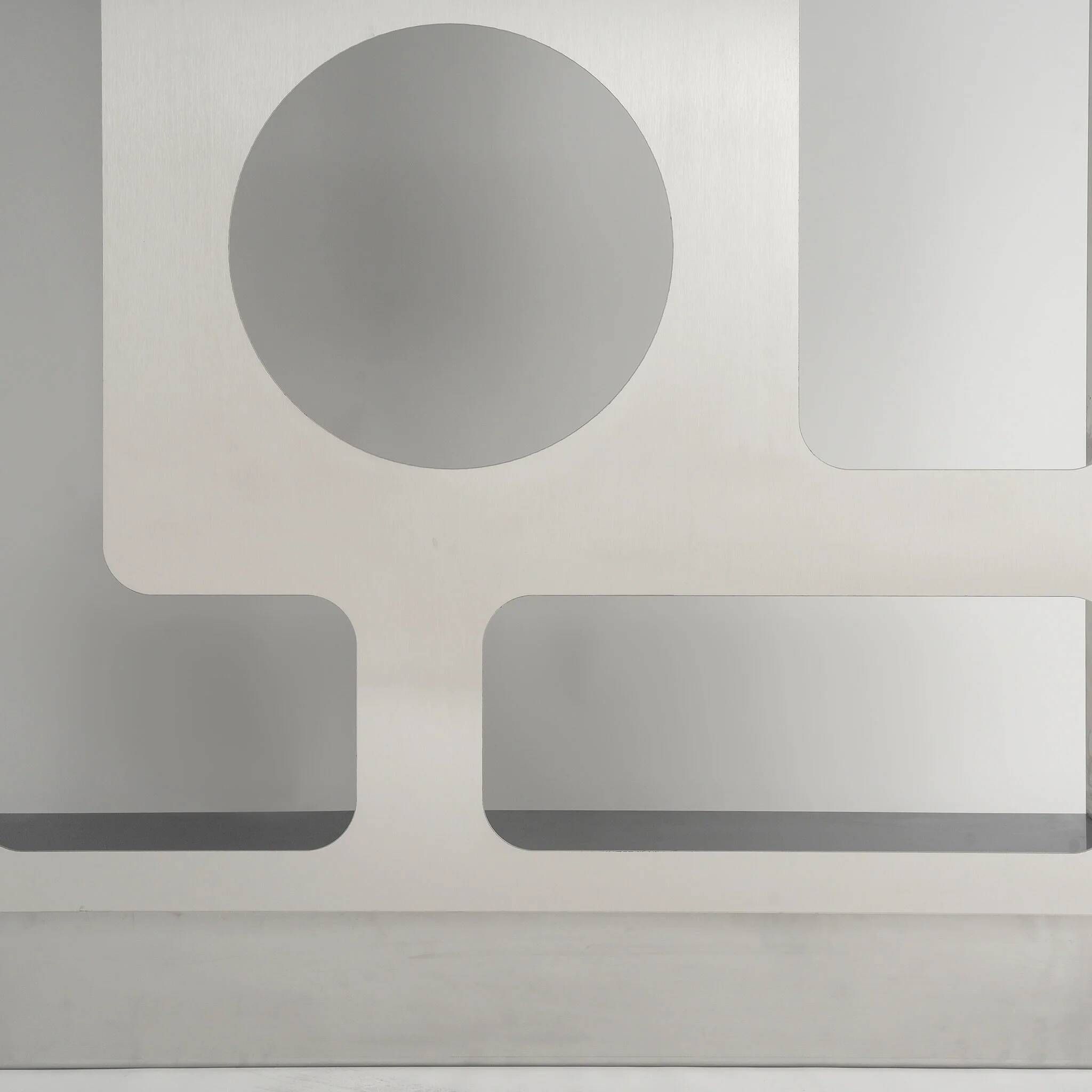 Brushed stainless steel perforated bookshelf by Capucine Cassaigne, France, 2026