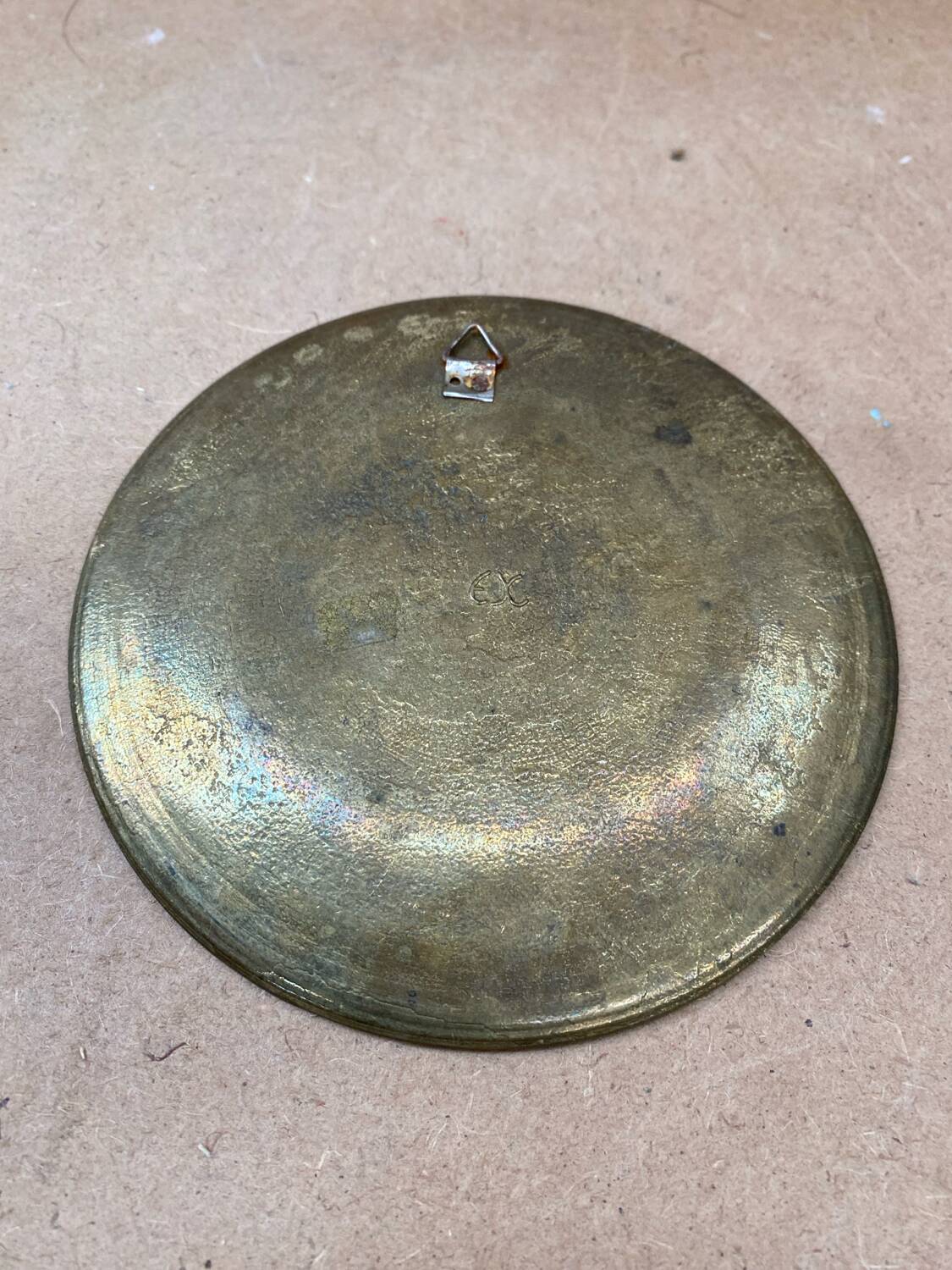 Antique brass plate enameled decor mandala vintage #b161