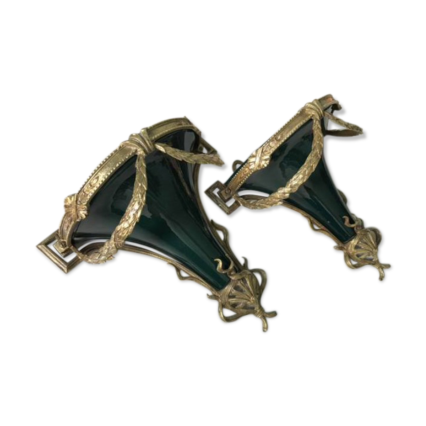Set of 2 wall consoles, brackets in dark green porcelain and brass