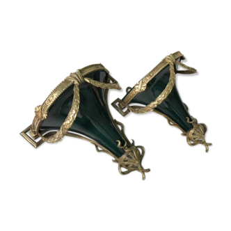 Set of 2 wall consoles, brackets in dark green porcelain and brass
