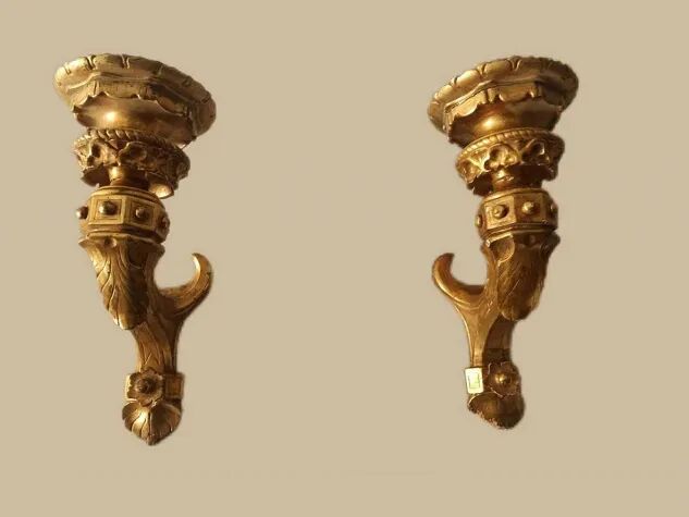 Pair of Gilded Wooden Wall Sconces, Mid-19th Century