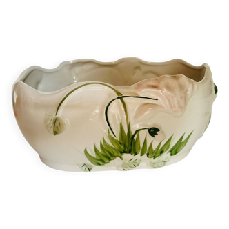 Jardinière en faïence, barbotine, motifs floraux, vintage couleur pastel