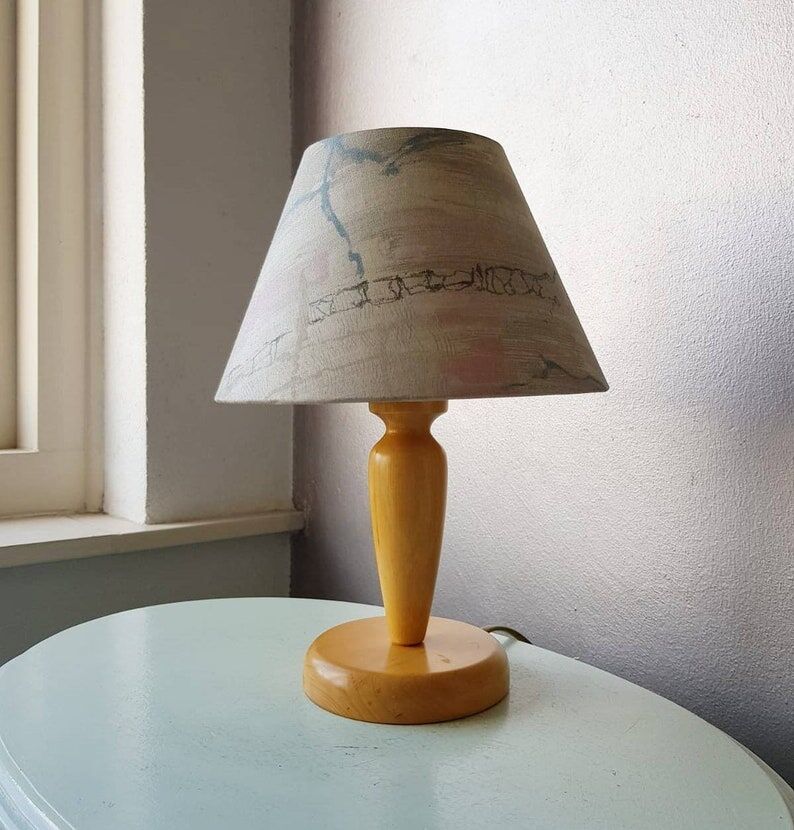 Wooden table lamp with fabric lampshade 1980