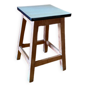 Vintage Formica stool 1950/1960, rustic wooden stool, old workshop chair, kitchen, French vintage.
