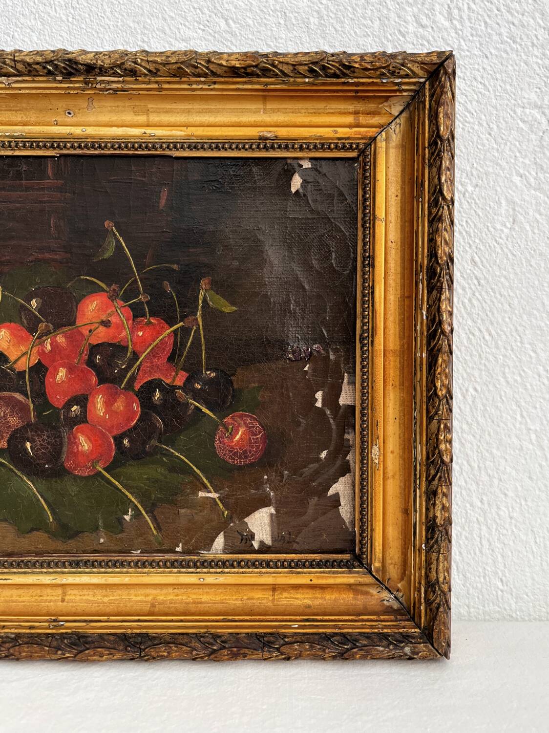 Huile sur toile nature morte aux cerises 19eme