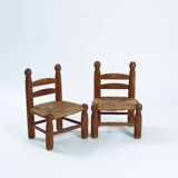 Low fireplace chairs, French, wood and straw set of 2