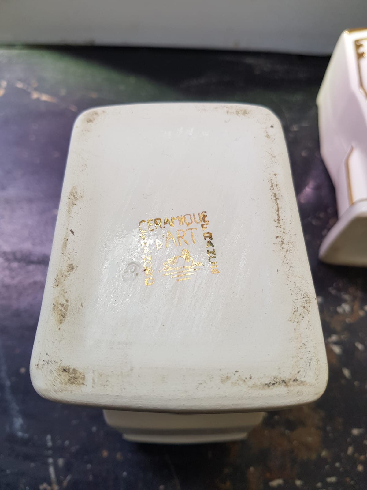 Pair Of Old White Art Ceramic Vase + Golden Decor Made In France Vintage