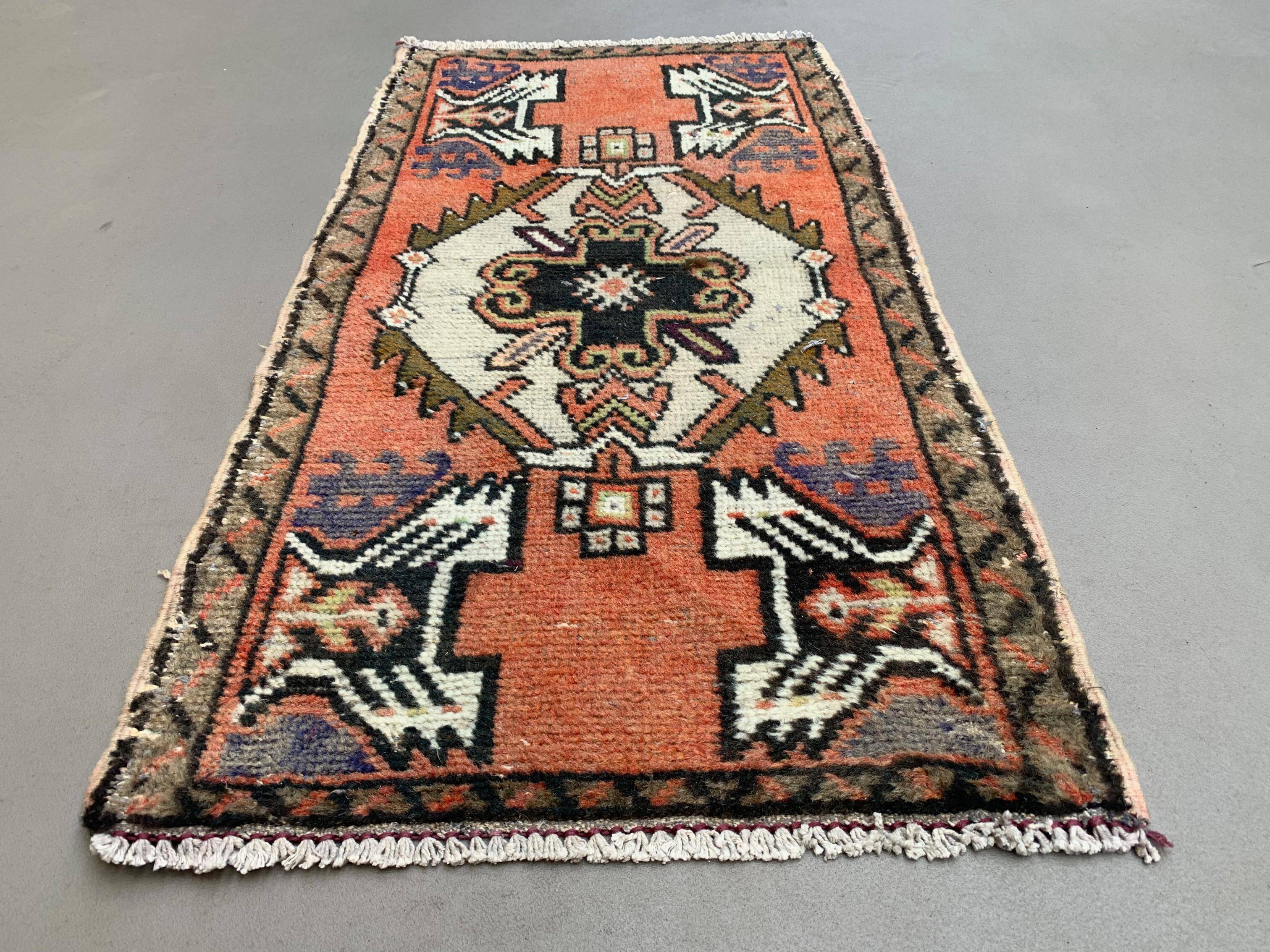 Small vintage turkish rug 96x51 cm, short runner, tribal, shabby, mini carpet