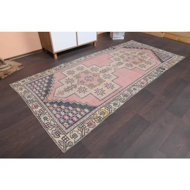 Vintage Turkish Oushak handmade wool cotton pink runner rug 117x254