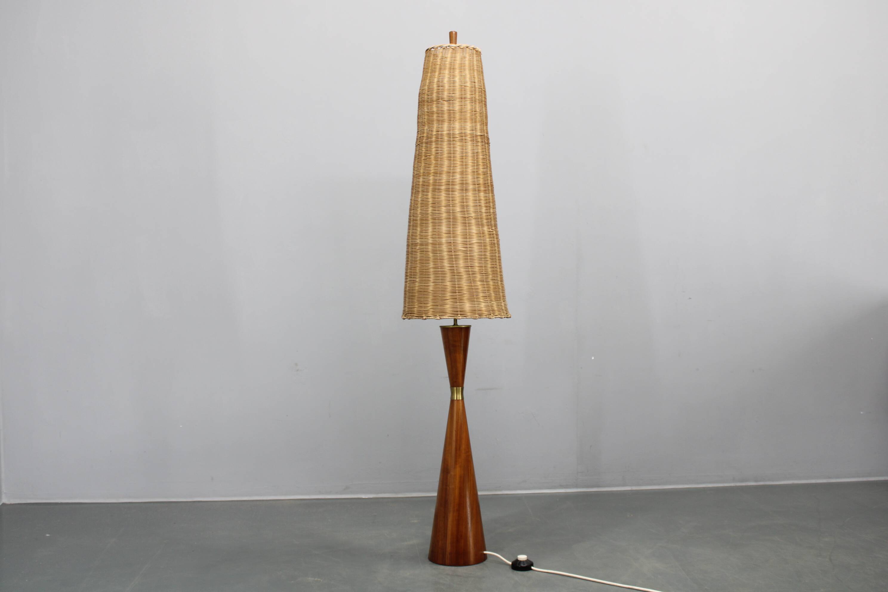 1960s Parker Knoll wooden table lamp with wicker shade, Britain