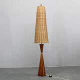 1960s Parker Knoll wooden table lamp with wicker shade, Britain
