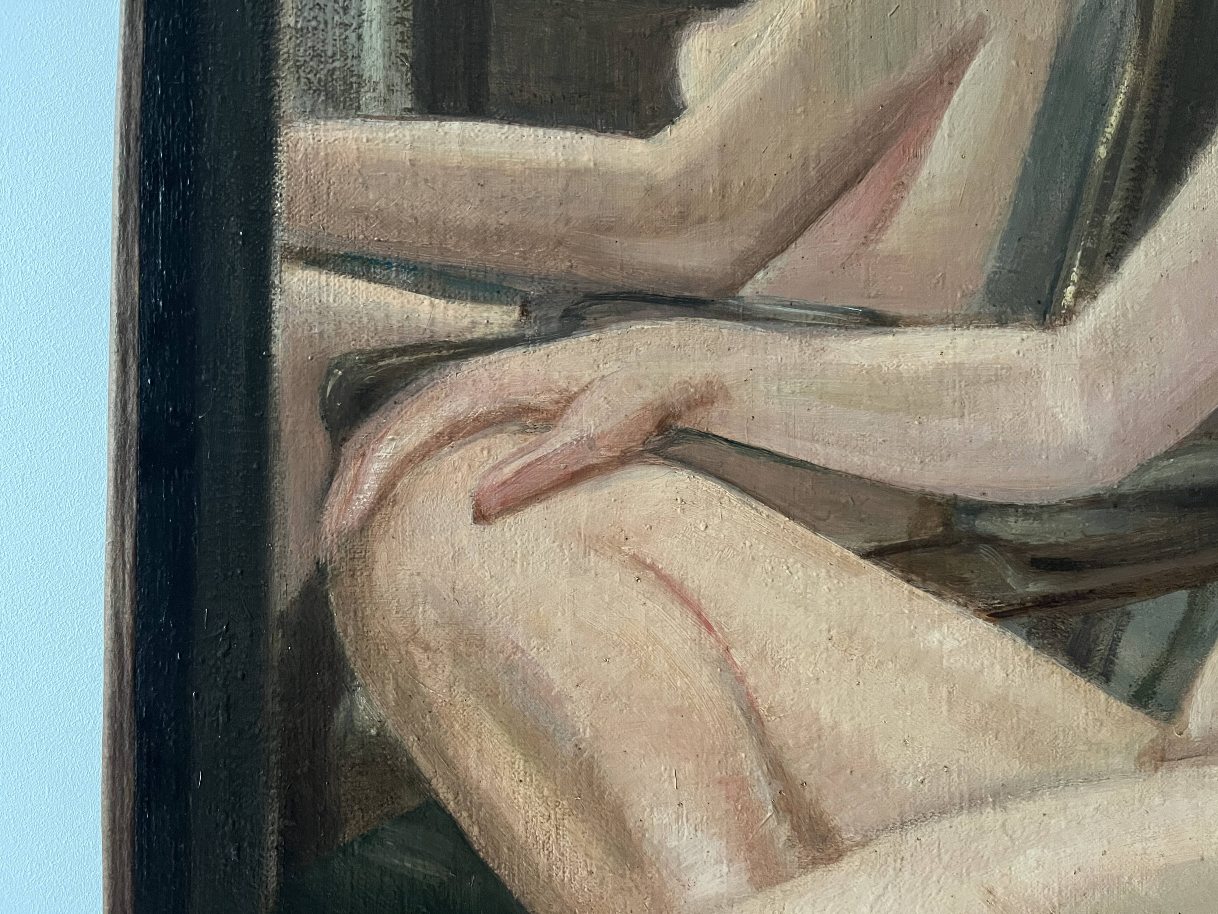 Oil painting on canvas of a nude woman in Art Deco style, old portrait.