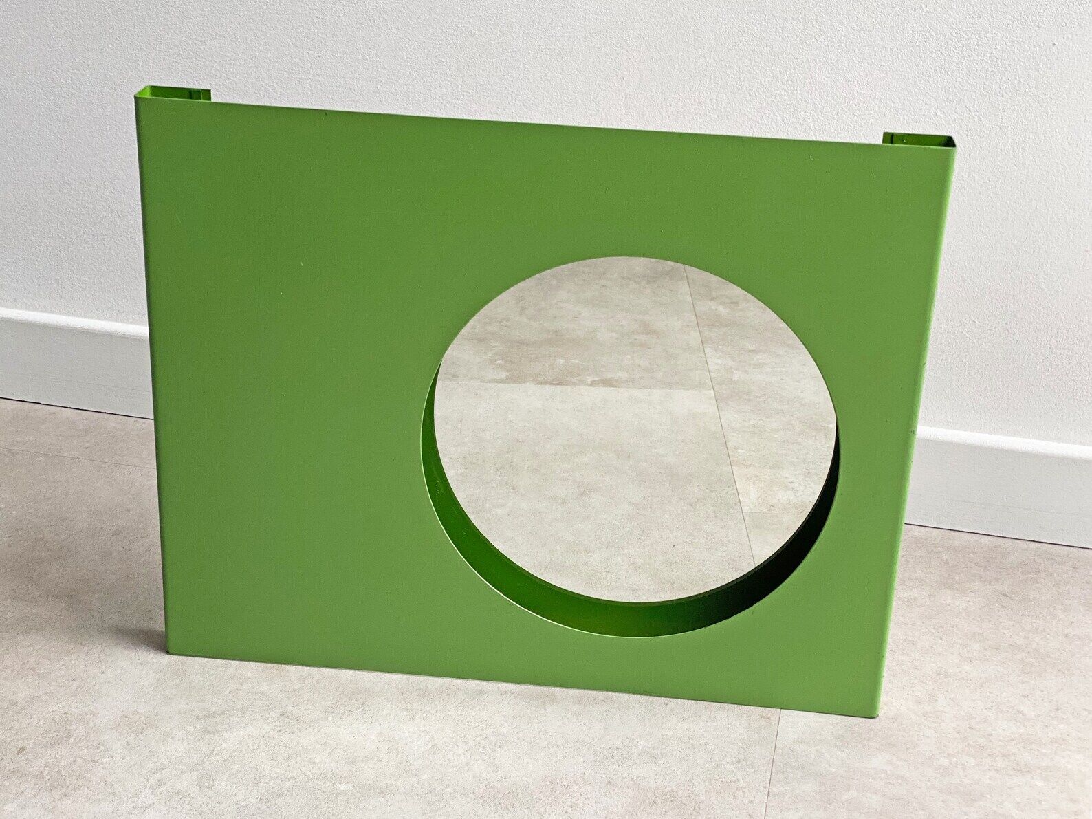 Vintage green metal wall mirror, rectangular, Mid Century decor